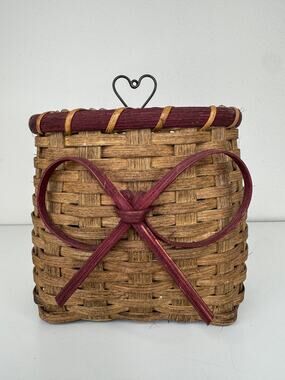 L. Nye Signed Woven Wall Basket Burgundy Bow Heart Wire Hanger Country Decor
